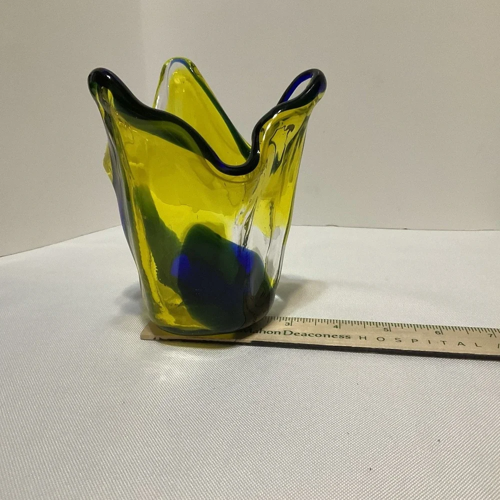Large Handkerchief Vase Ombre Art Sculpture Handblown Yellow‎ Blue Green - Japan